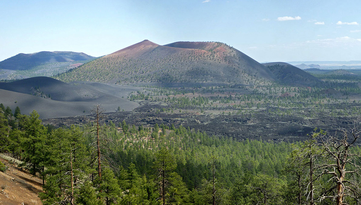 An ancient cinder cone stands dormant in Sunset Crater Volcano National Park.