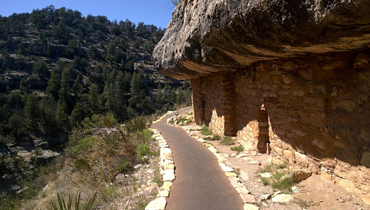 Ancient cliff dwellings bside the trail in Walnut Canyon outside of Flagstaff, Arizona